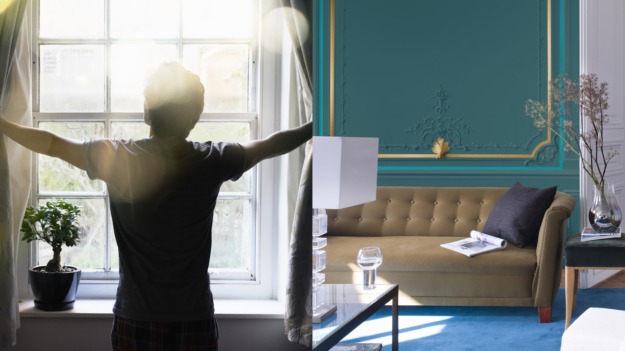 A beautiful bright living room В комнатах, из которых виден восход, за день происходит больше всего изменений в освещении. На рассвете свет немного розоватый, который за утро успевает перейти в голубоватый.