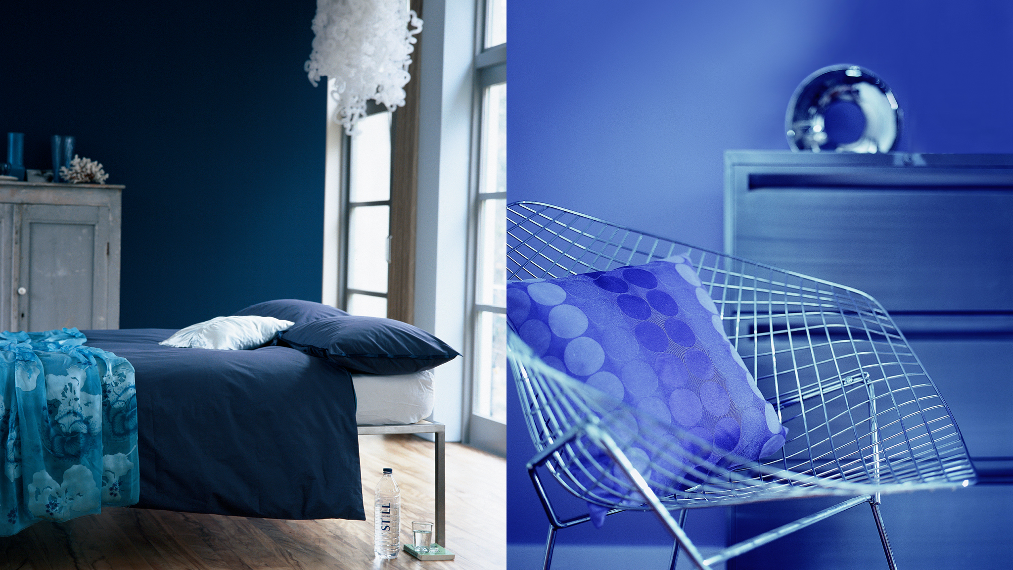 A luxurious blue bedroom Возьмите за основу вечернее небо и покрасьте стены в самый темный синий цвет для создания меланхоличного и загадочного интерьера спальни, который в то же время будет выглядеть притягательно и уютно.