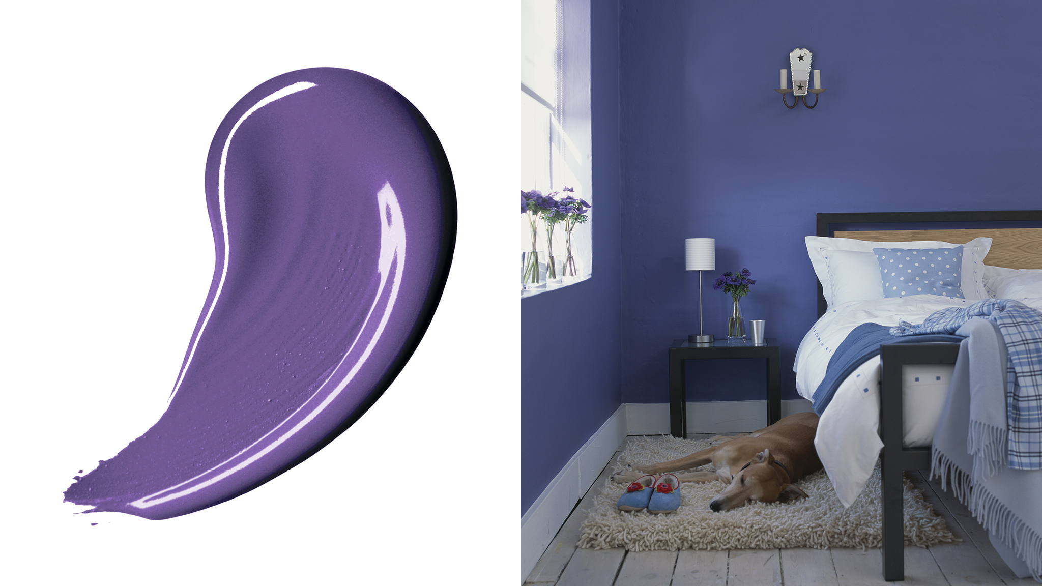 A relaxing violet bedroom scheme Фиолетовый — один из самых спокойных тонов спектра, способствующий расслаблению и наполняющий энергией.