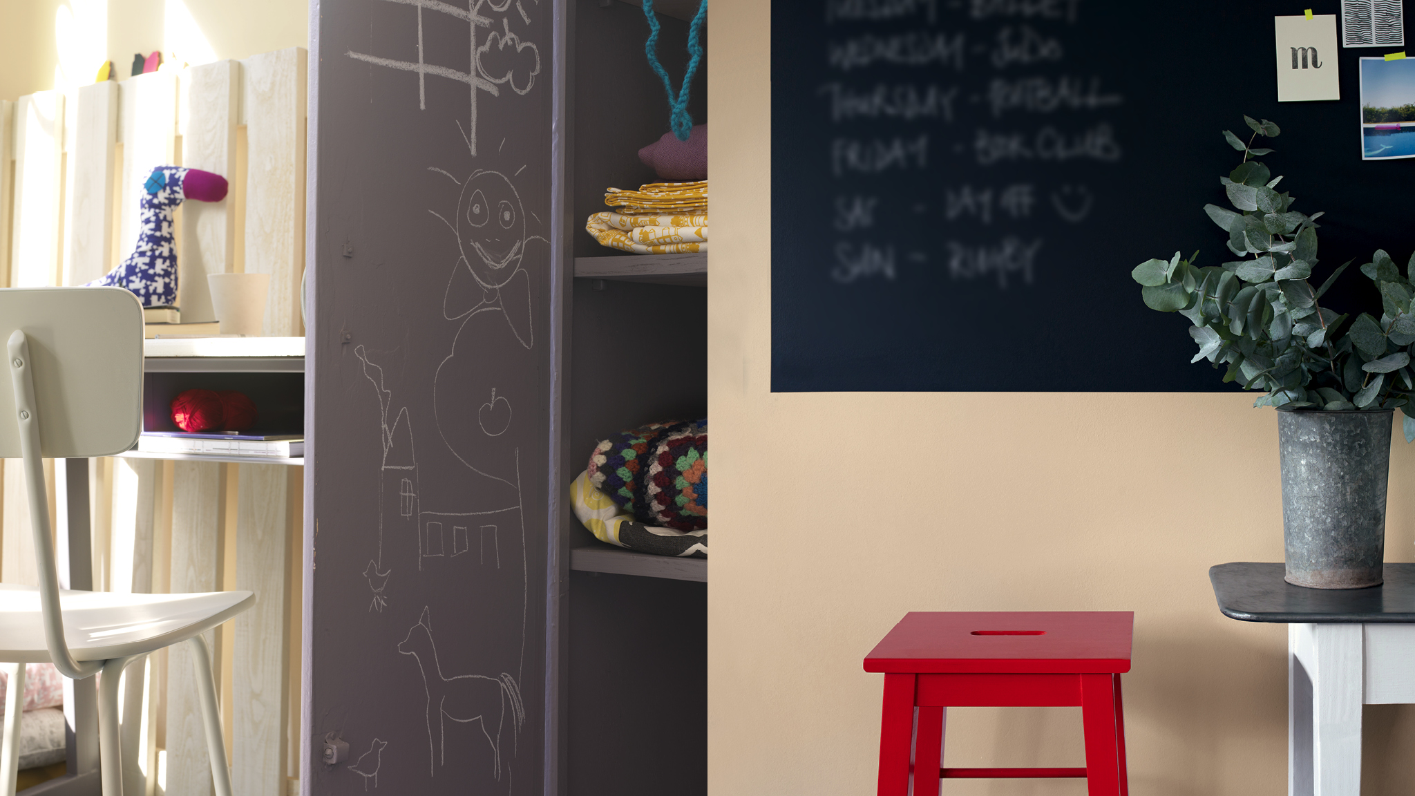 Create a fun scheme with blackboard paint Грифельная краска на стене — не только источник развлечения, но и практичный ход. Дети смогут рисовать на ней и даже учиться писать.